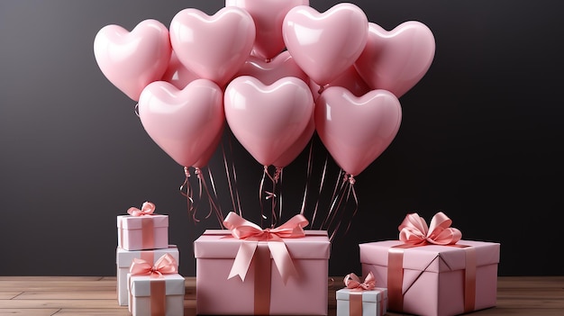 Розовый воздушный шар в форме сердца любви в студии с подарочными коробками