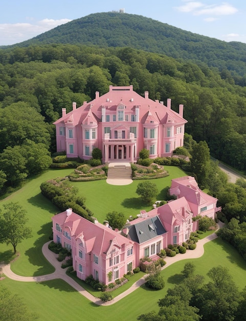 Photo pink luxury mansion with large gardens big long shot