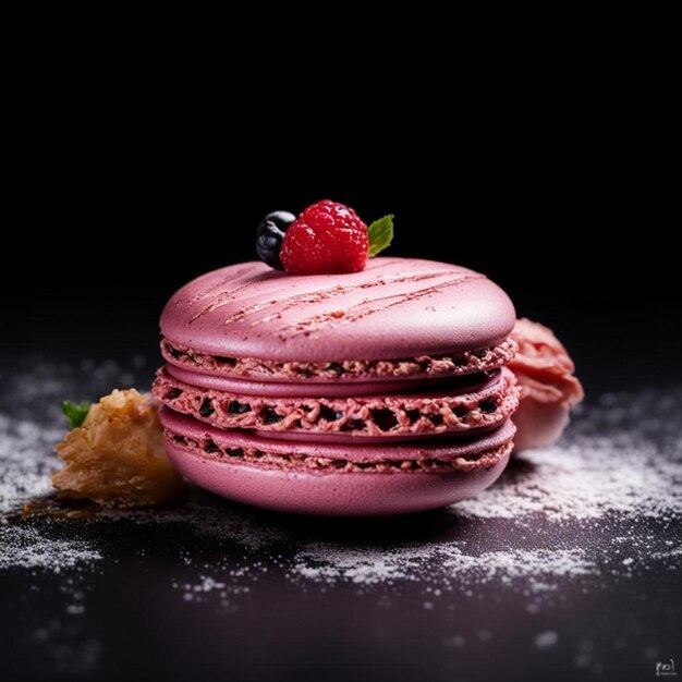 a pink macaron with a strawberry on the top