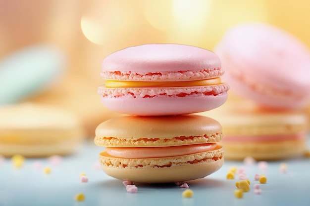 Розовые макароны крупным планом Классические французские печенье модный цвет праздничный фон