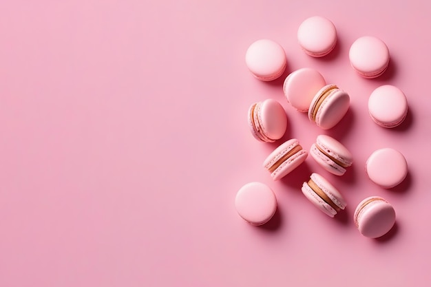 pink macarons on a pink background flat lay with copy space