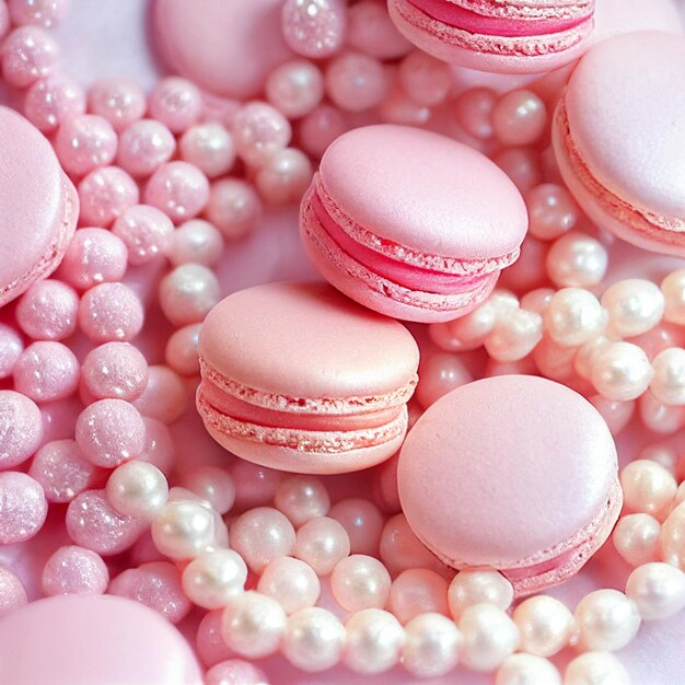 Pink macarons and pink pearl beads fashion background 3D illustration top view sweet candy