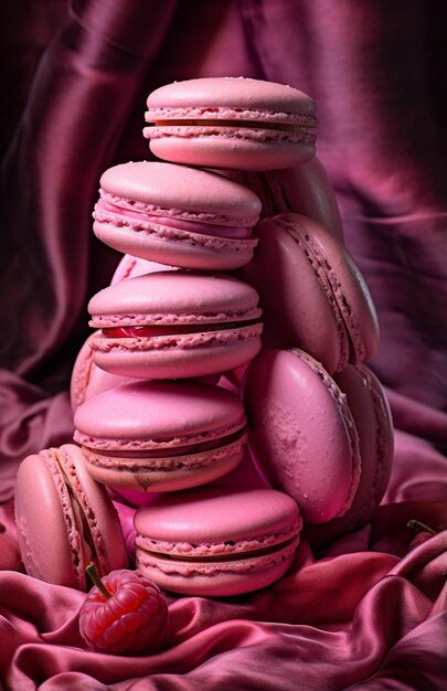 pink macarons with pink icing on top in the style of creased crinkled wrinkled