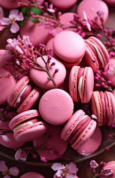 pink macarons with pink icing on top in the style of creased crinkled wrinkled