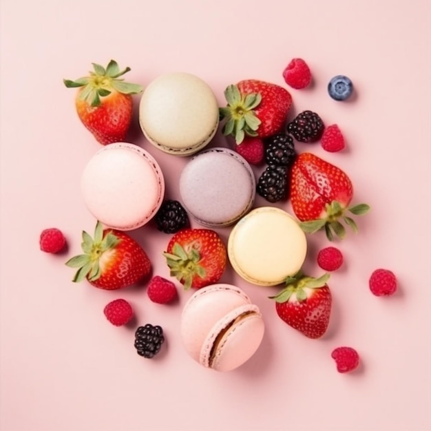 A pink macaroon with strawberries and blueberries on top.