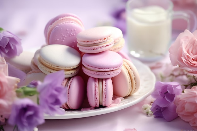 Photo pink macaroons cookies on plate with flowers generative ai