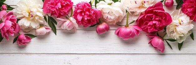 Pink and magenta peonies displayed on a white wooden table