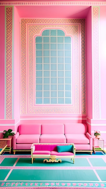 a pink magenta room with a couch and a green blanket on the couch