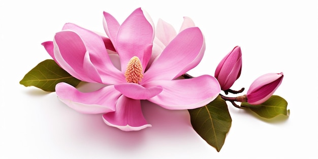 Pink magnolia flower isolated on white background with full depth of field Generative AI