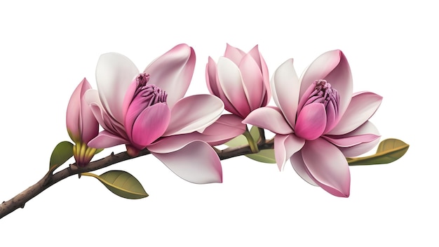 A pink magnolia flower with leaves on a white background.