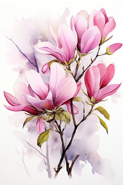 Pink Magnolia watercolor painting isolated on white background Generative AI