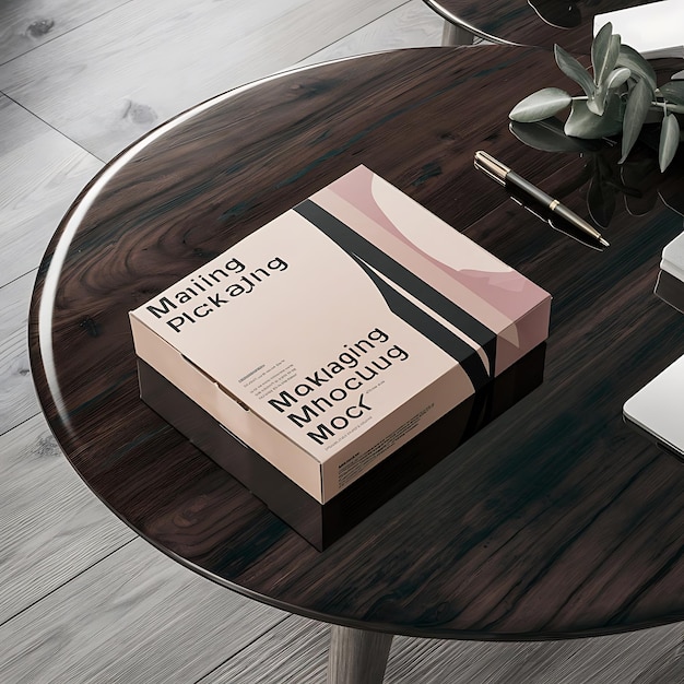 Pink mailing box on wooden table mockup