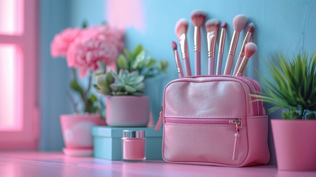 Розовая сумка для макияжа с косметическими косметическими продуктами, разливающимися на пастельном фоне