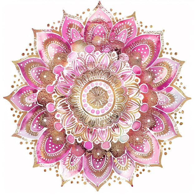 A pink mandala flower with gold accents The flower is the main focus of the image