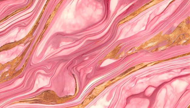 A pink marble background with gold and pink swirls.