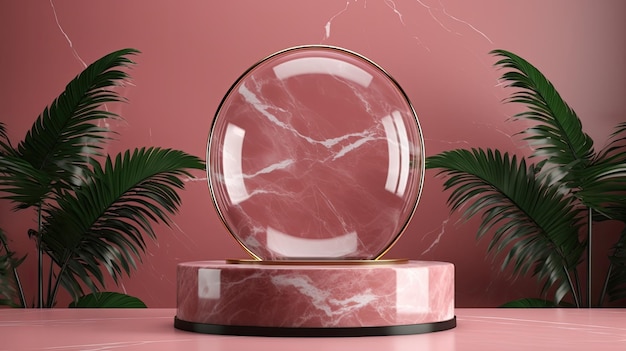 A pink marble lamp with a glass globe on it.