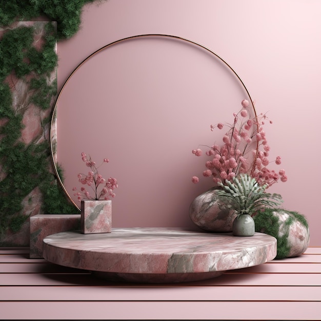 Pink marble podium with flowers