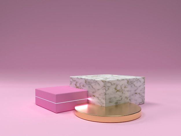 ピンクと大理石のテクスチャの表彰台は、最小限のシーンを抽象化します。コピースペースを使用した製品プレゼンテーションのモックアップ。 3Dレンダリングのイラスト。