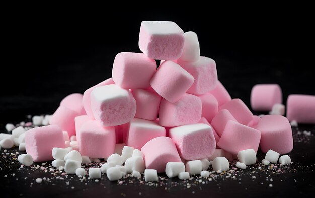 Foto marshmallow rosa su sfondo nero messa a fuoco selettiva