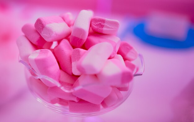 Pink marshmallows for roasting and hot chocolate in a bowl with blur. High quality photo