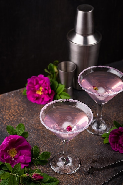 Pink martini cocktail with rose syrup