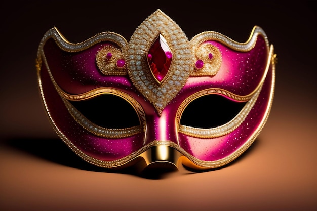 A pink mask with a diamond and the word masquerade on it