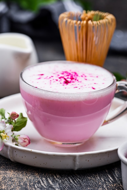 Pink matcha latte with milk