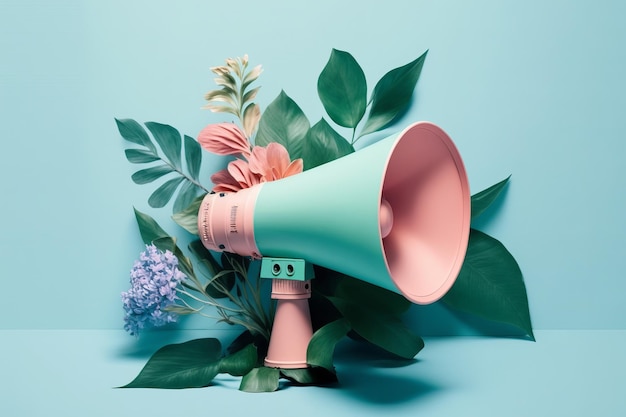 Photo pink megaphone with bright summer flowers and green leaf illustrator ai generative