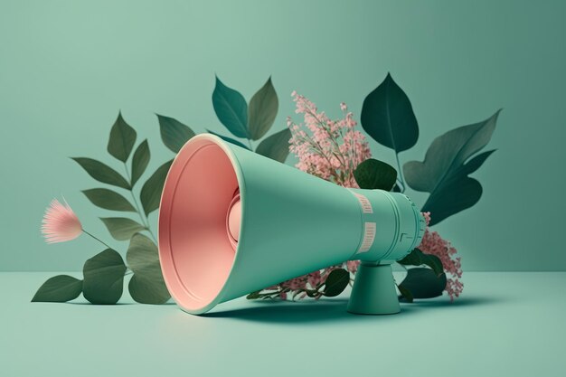 Pink megaphone with bright summer flowers and green leaf Illustrator AI Generative