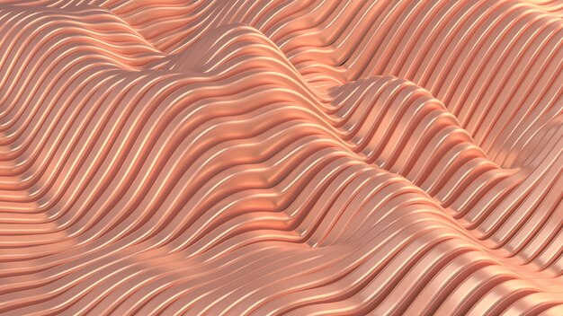 Pink metallic background with waves and lines. 3d rendering.