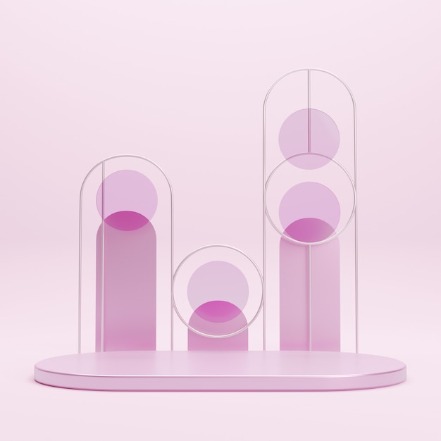 Pink metallic stage podium platform for product presentation.  Minimal scene with geometric shapes