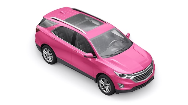 白い背景の3Dレンダリングで家族のためのピンクの中型都市SUV