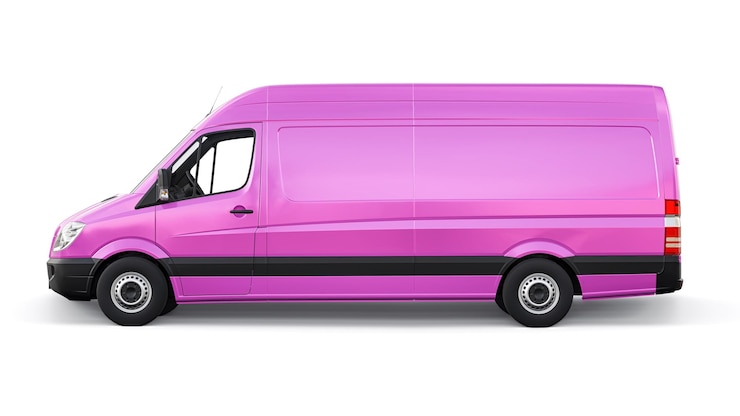 Pink midsize commercial van on a white background A blank body for applying your design inscriptions and logos 3d illustration