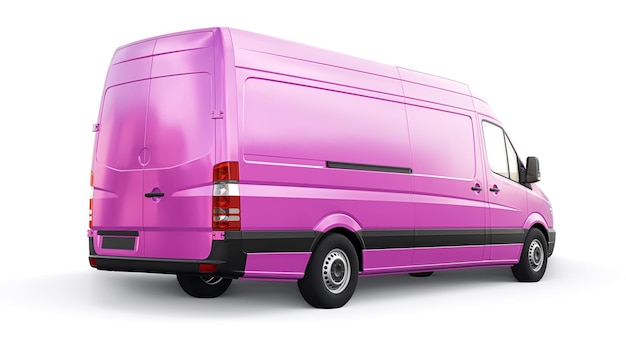 Pink midsize commercial van on a white background A blank body for applying your design inscriptions and logos 3d illustration