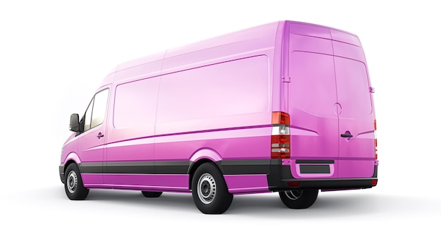 Pink midsize commercial van on a white background A blank body for applying your design inscriptions and logos 3d illustration