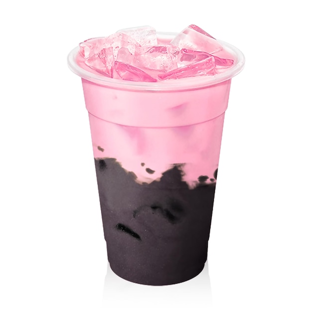 Photo pink milk and dark cocoa in paper cup mockup