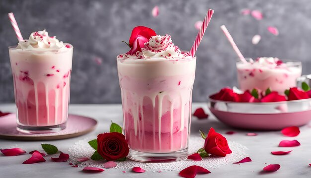 a pink milkshake with flowers and a straw in the middle of it