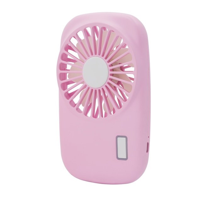 Pink mini fan. Portable fan USB on white background.