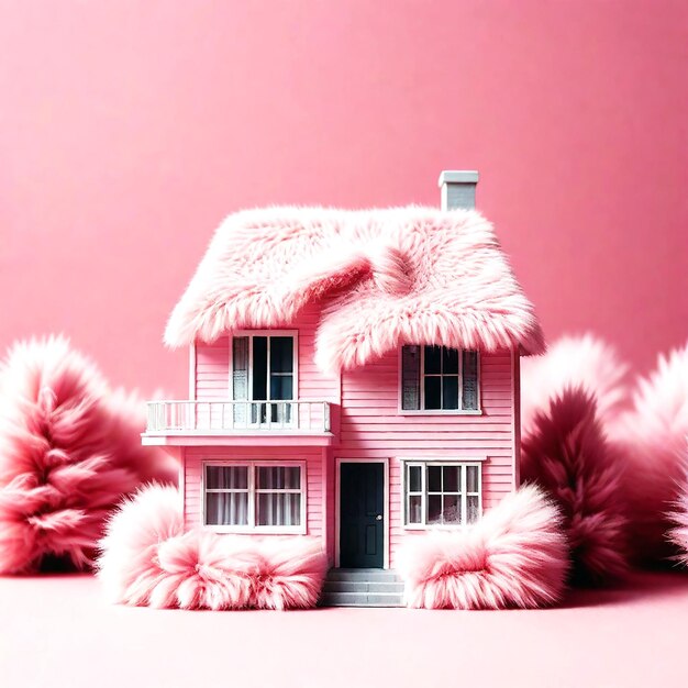 Pink miniature model of a modern house