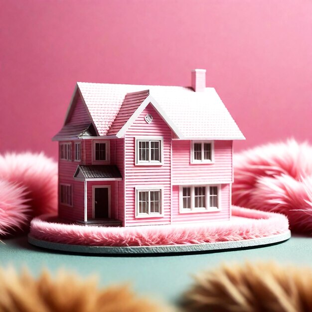 Pink miniature model of a modern house