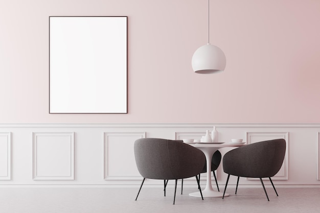 pink minimalistic dining room interior with a concrete floor and a white round table with gray chairs. a poster. 3d rendering mock up