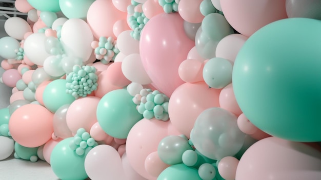 Pink and mint balloons photo wall birthday decoration