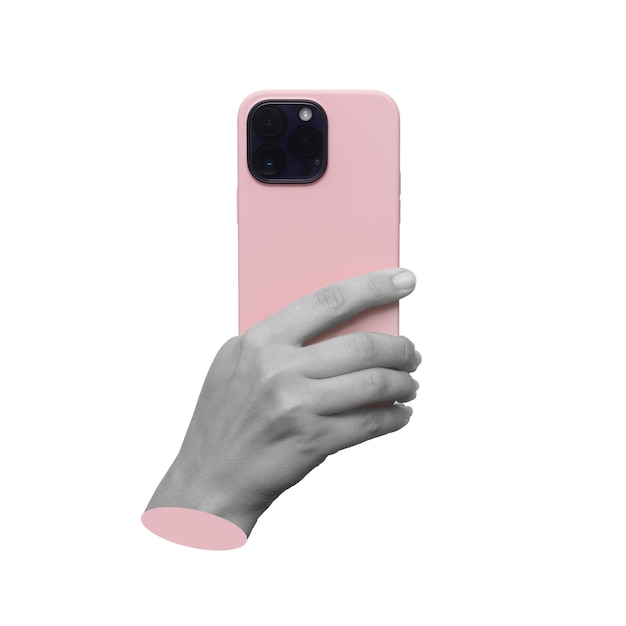 Pink mobile phone with photo camera in female hand isolated on white background Contemporary art