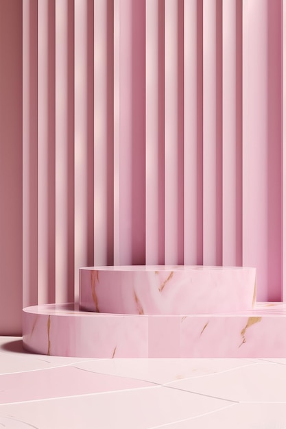 3D 렌더 제품을 선보이기 위해 대리석 타일로 만든 연단 스탠드가 있는 분홍색 현대적인 배경