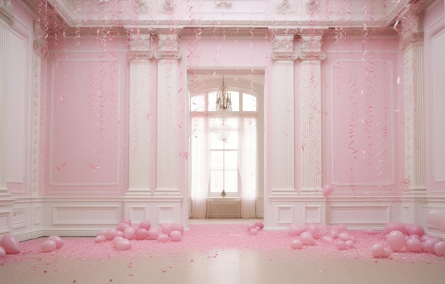 Pink Modern classical style white hall and luxury arch door background with falling Pink confetti backdrop