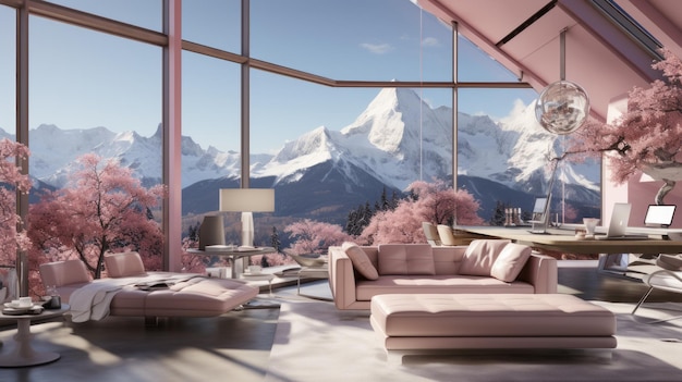 Розовый современный дом с видом на горы