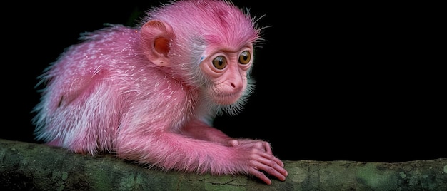 Photo pink monkey sitting on tree branch