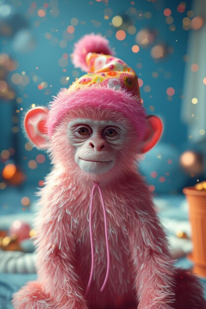 A pink monkey in a warm hat sitting in a blue interior