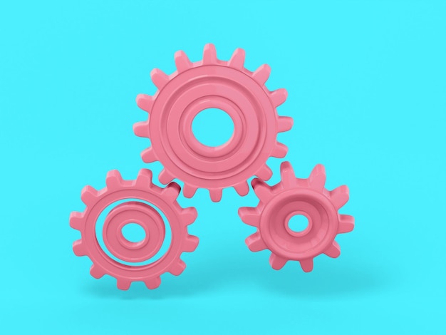 Pink mono color gears on a blue solid background. Minimalistic design object. 3d rendering icon ui ux interface element.