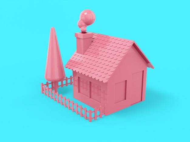 Pink mono color house rural landscape fence tree garden on blue solid background Minimalistic design object 3d rendering icon ui ux interface element